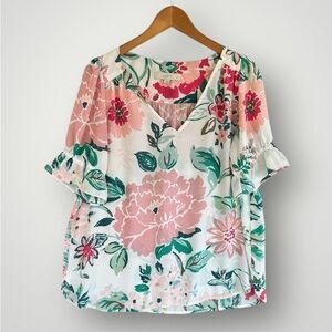 Loft Top pink and green spring floral Blouse v neck top S- M